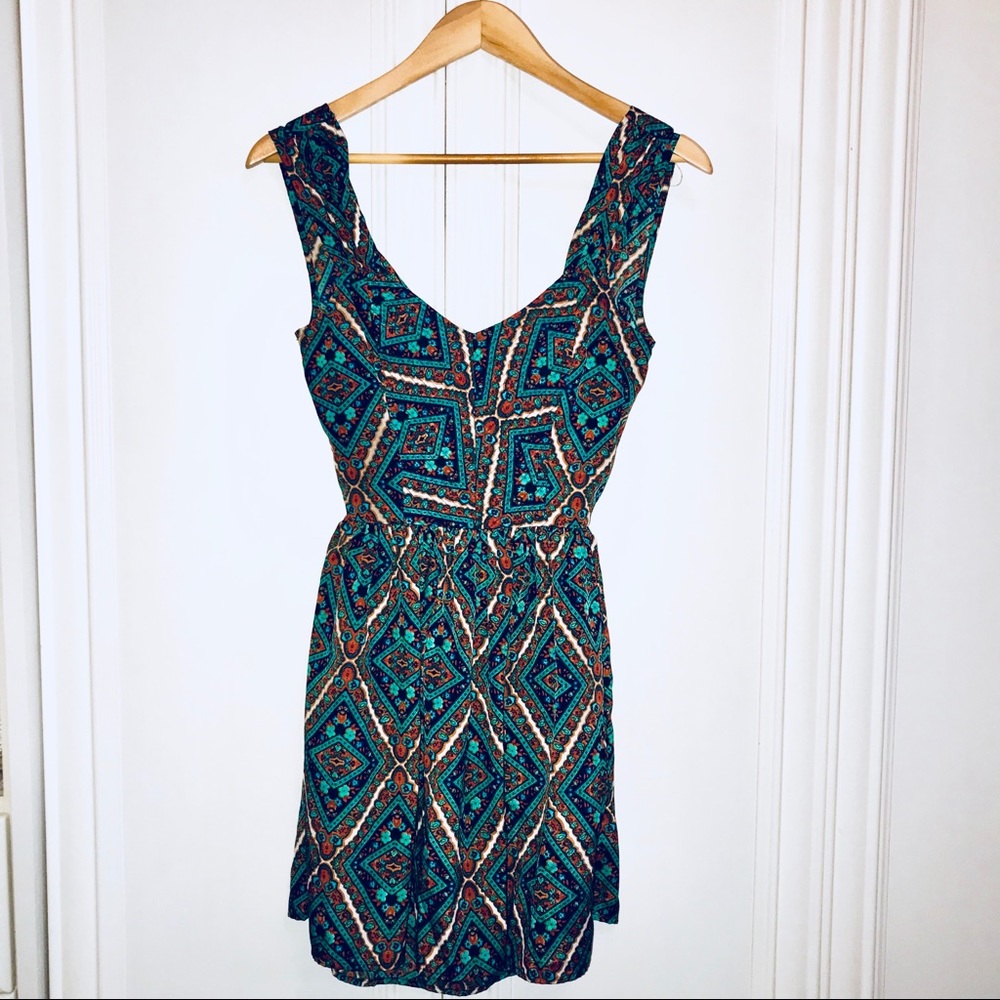 BEAUTIFUL GREEN BOHO FLORAL GEOMETRIC DRESS XS